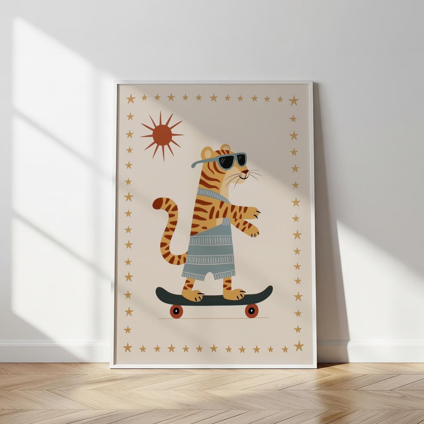 Skater Tiger Wall Art with Sunglasses, Funny Jungle Canvas Print