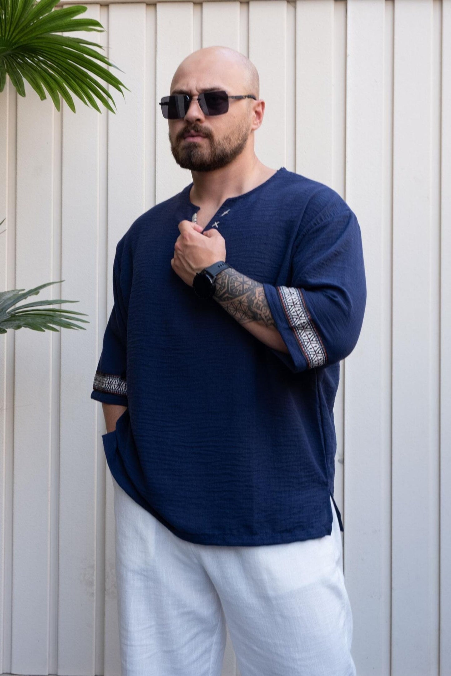 Blue Relaxed Cut Bohemian T Shirt , Men's Short Sleeve Crew Neck Tee