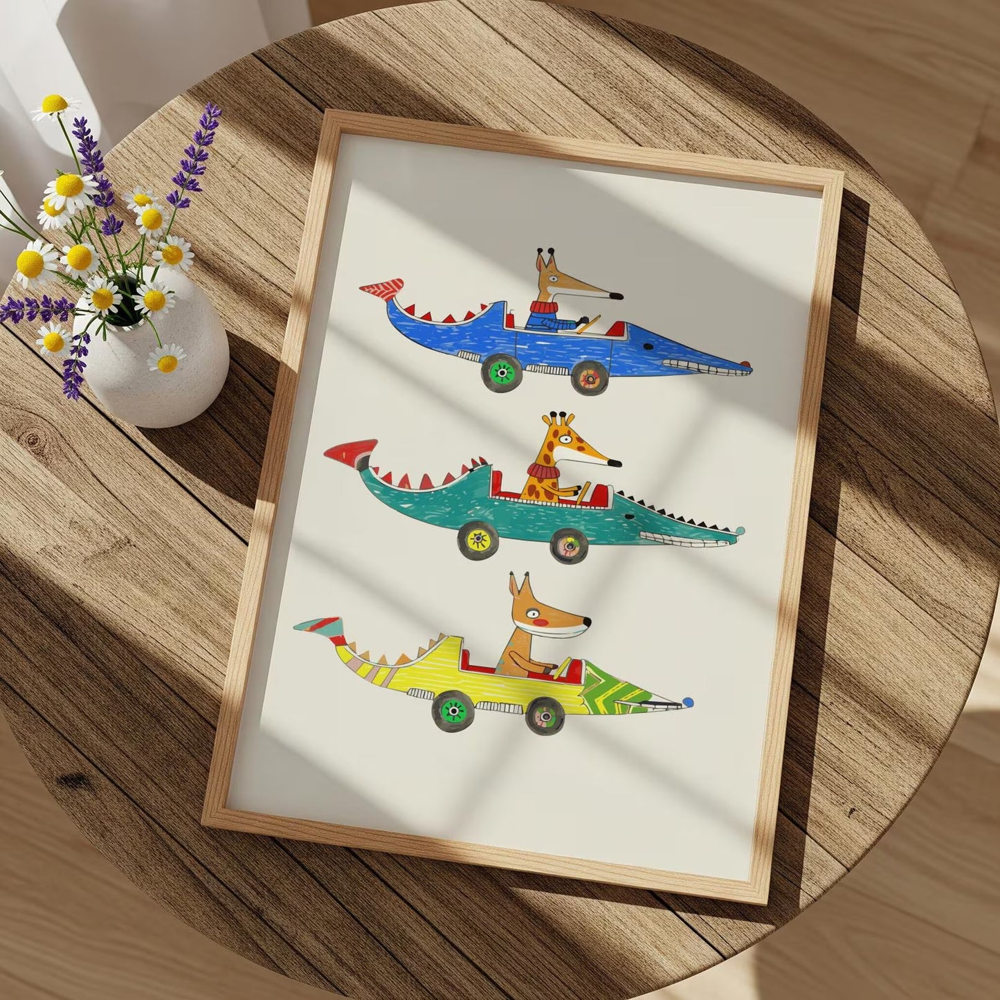 Animals in Crocodile Cars Wall Art, Cute Nursery Canvas Print