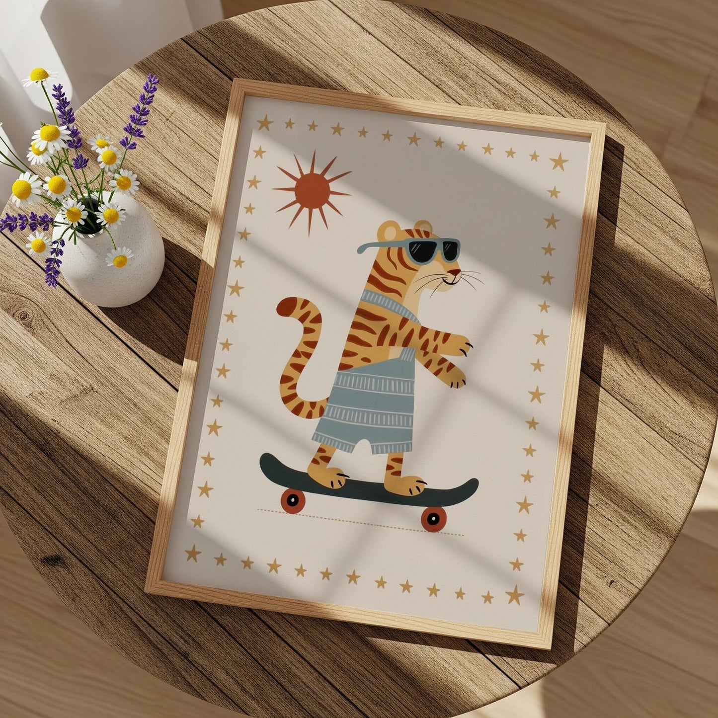 Skater Tiger Wall Art with Sunglasses, Funny Jungle Canvas Print