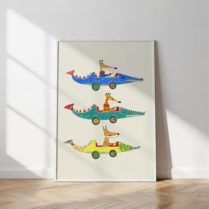 Animals in Crocodile Cars Wall Art, Cute Nursery Canvas Print