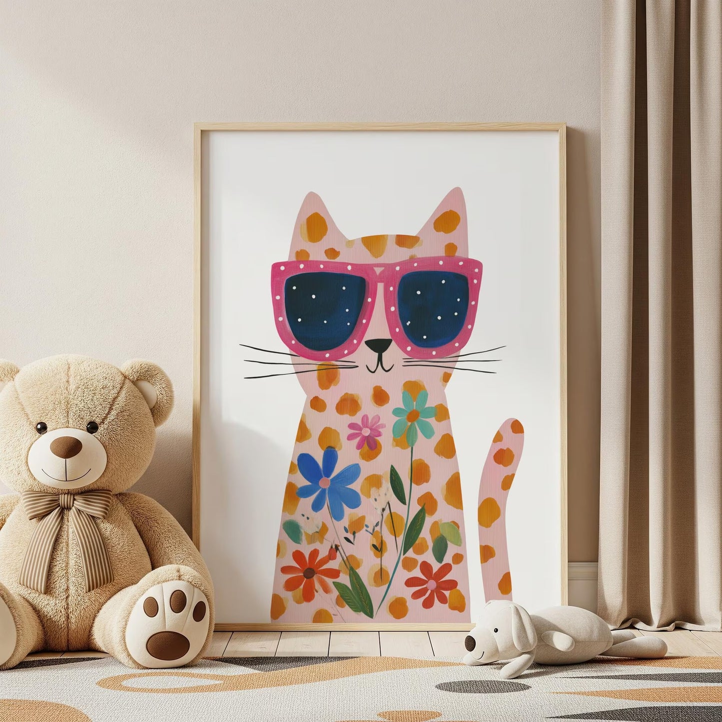 Floral Cat Wall Art Print, Pink Cat Canvas Decor
