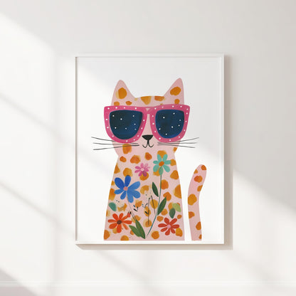 Floral Cat Wall Art Print, Pink Cat Canvas Decor