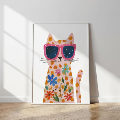Floral Cat Wall Art Print, Pink Cat Canvas Decor