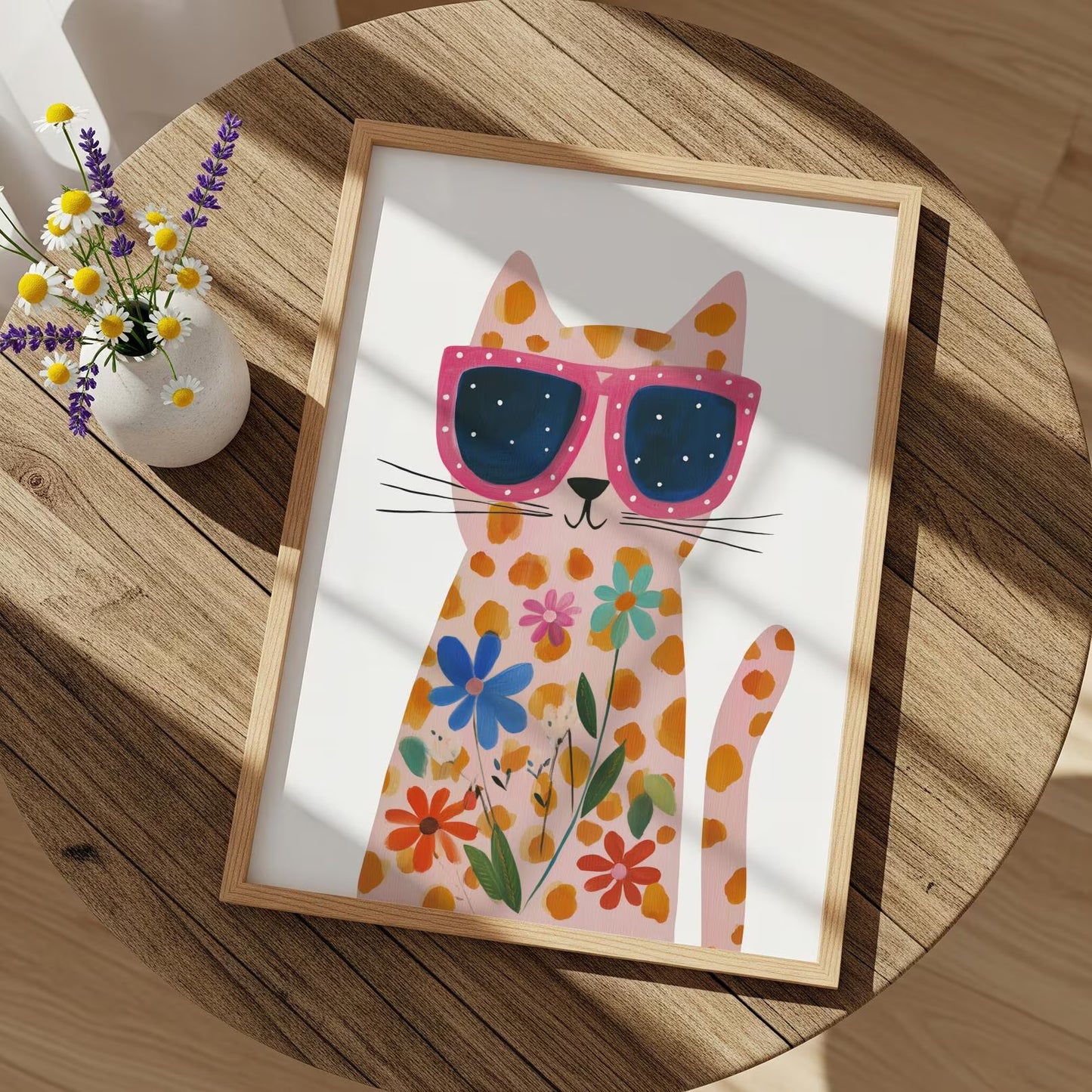 Floral Cat Wall Art Print, Pink Cat Canvas Decor