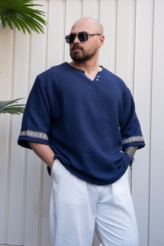 Blue Relaxed Cut Bohemian T Shirt , Men's Short Sleeve Crew Neck Tee