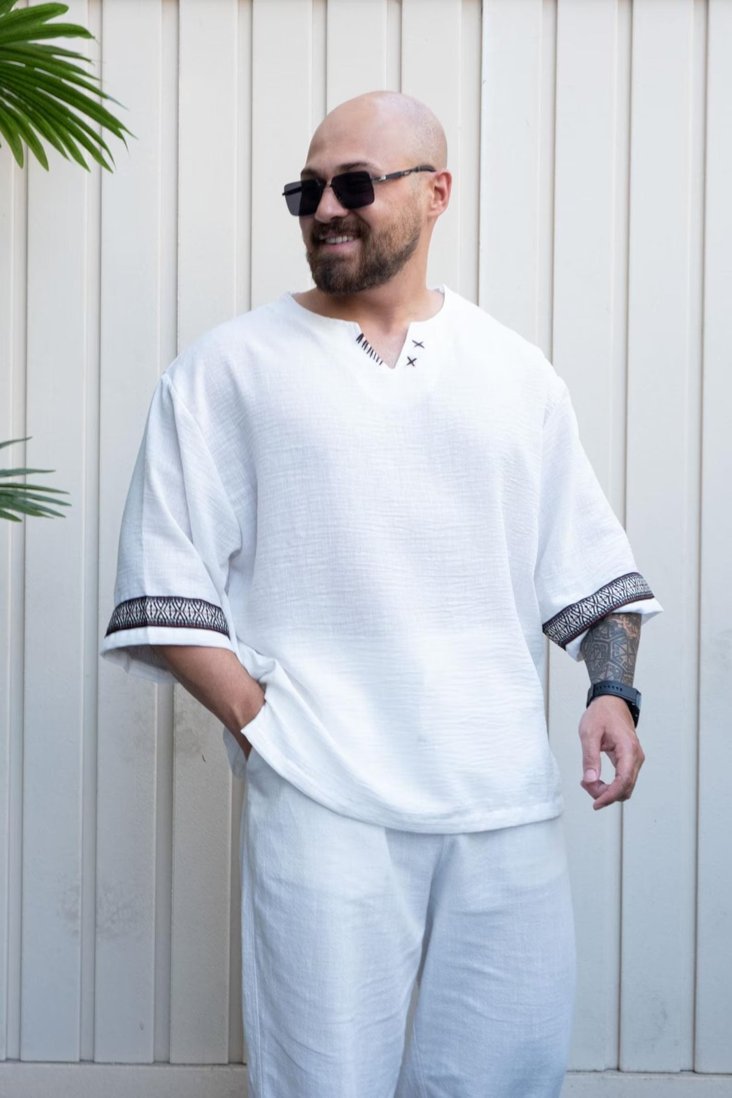 White Relaxed Cut Bohemian T-Shirt , Men's Short Sleeve Crew Neck Tee