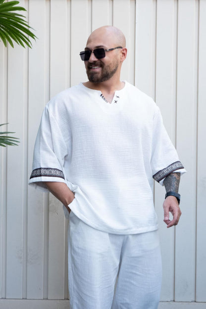 White Relaxed Cut Bohemian T-Shirt , Men's Short Sleeve Crew Neck Tee