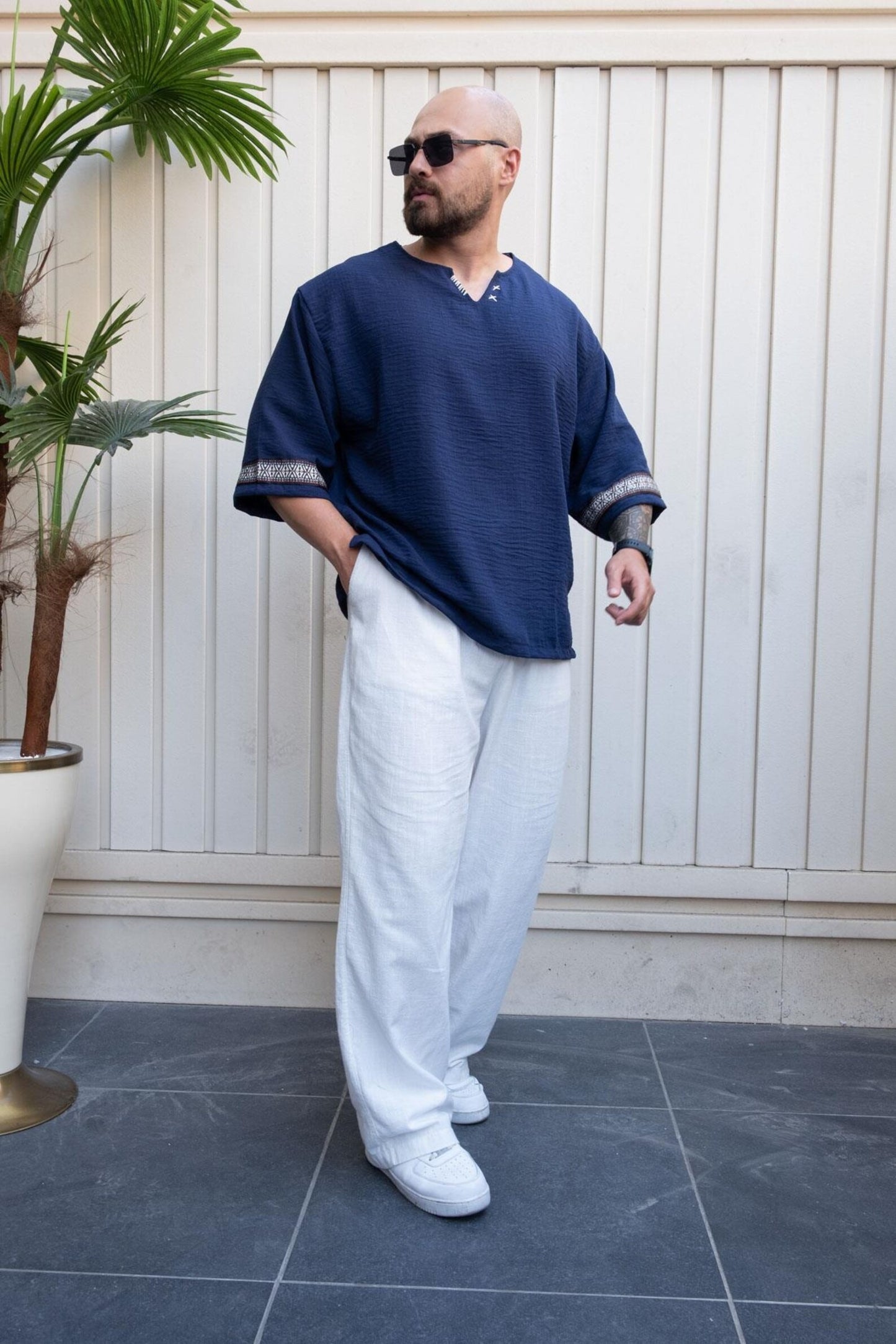 Blue Relaxed Cut Bohemian T Shirt , Men's Short Sleeve Crew Neck Tee