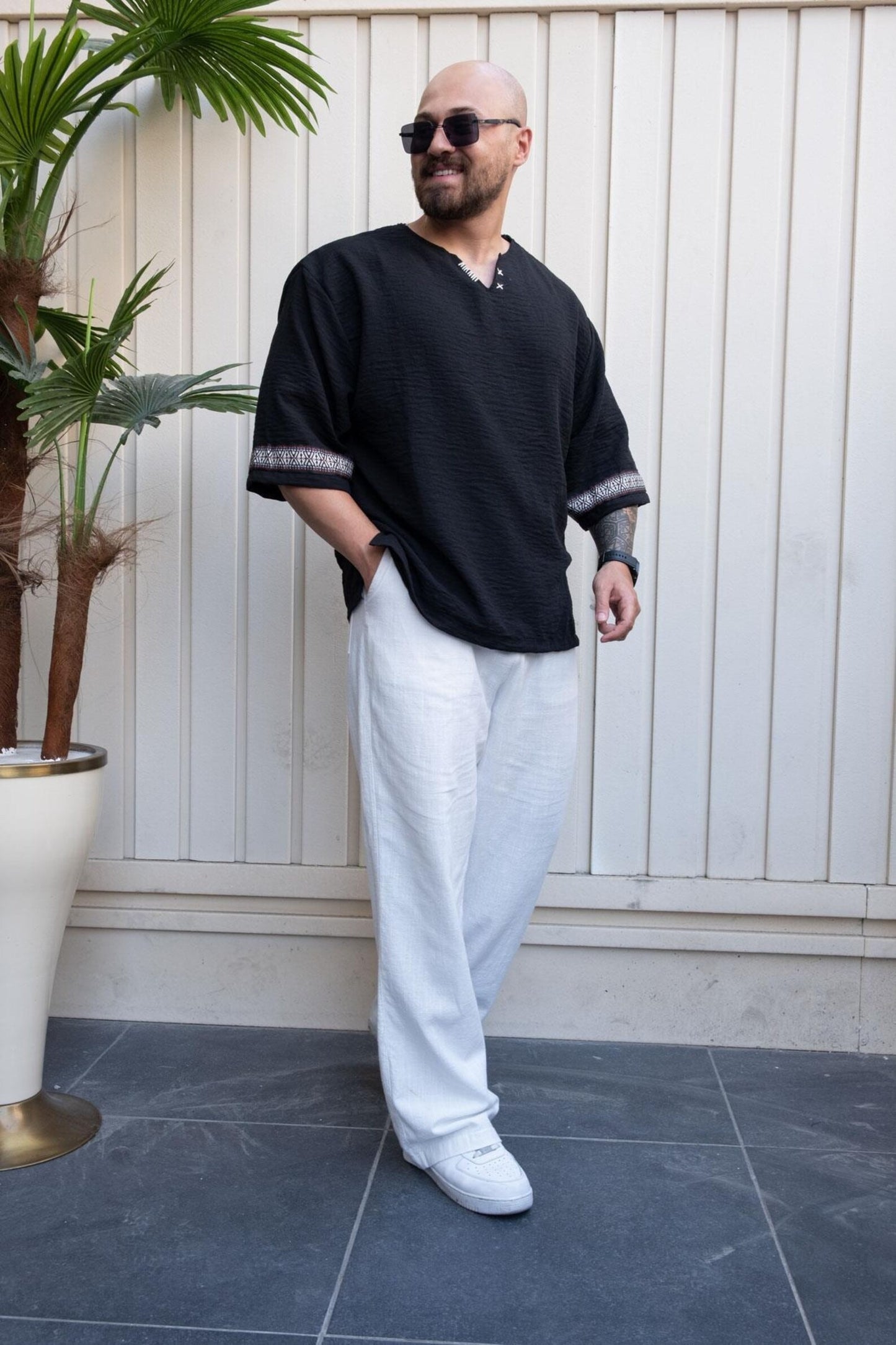 Black Relaxed Cut Bohemian T-Shirt  Men's Short Sleeve Crew Neck Tee