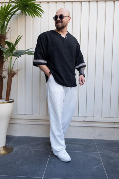 Black Relaxed Cut Bohemian T-Shirt  Men's Short Sleeve Crew Neck Tee