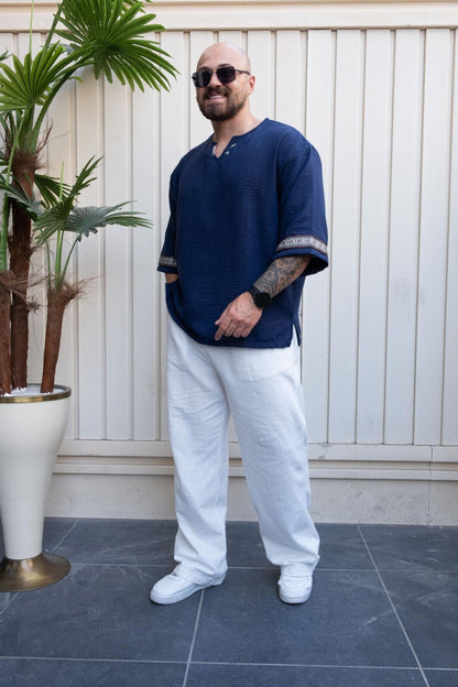 Blue Relaxed Cut Bohemian T Shirt , Men's Short Sleeve Crew Neck Tee