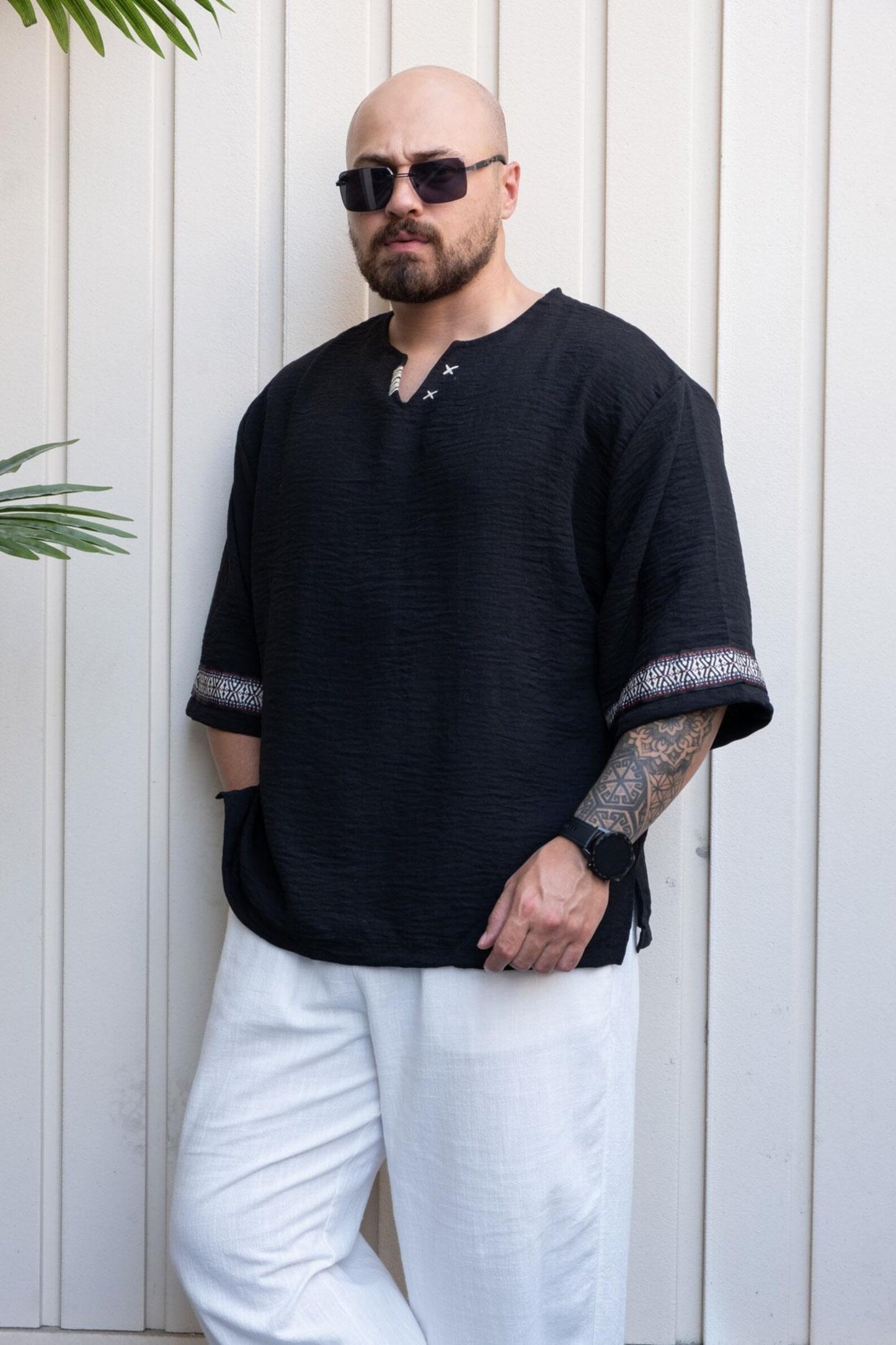 Black Relaxed Cut Bohemian T-Shirt  Men's Short Sleeve Crew Neck Tee