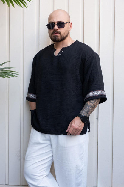 Black Relaxed Cut Bohemian T-Shirt  Men's Short Sleeve Crew Neck Tee