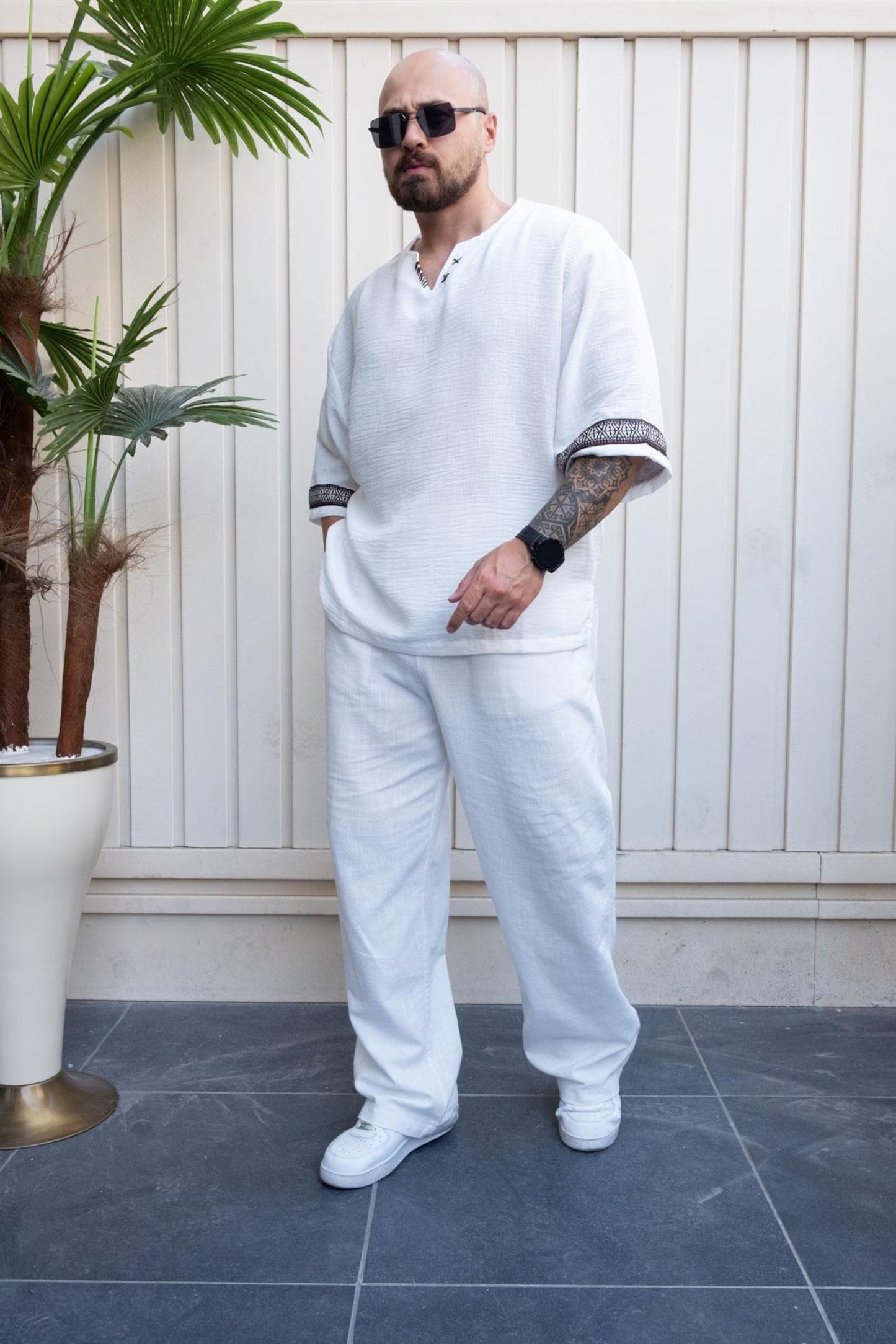 White Relaxed Cut Bohemian T-Shirt , Men's Short Sleeve Crew Neck Tee
