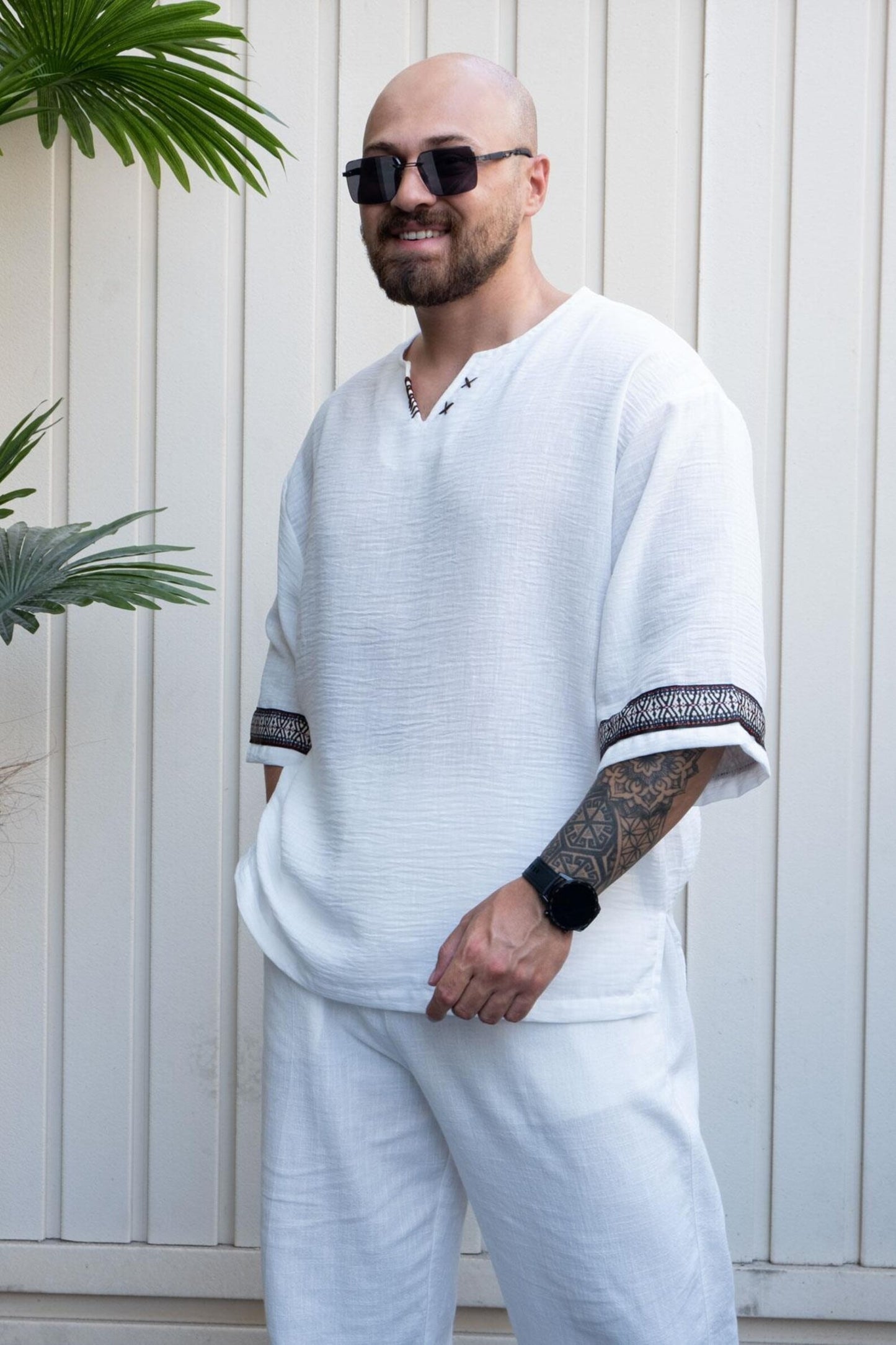 White Relaxed Cut Bohemian T-Shirt , Men's Short Sleeve Crew Neck Tee