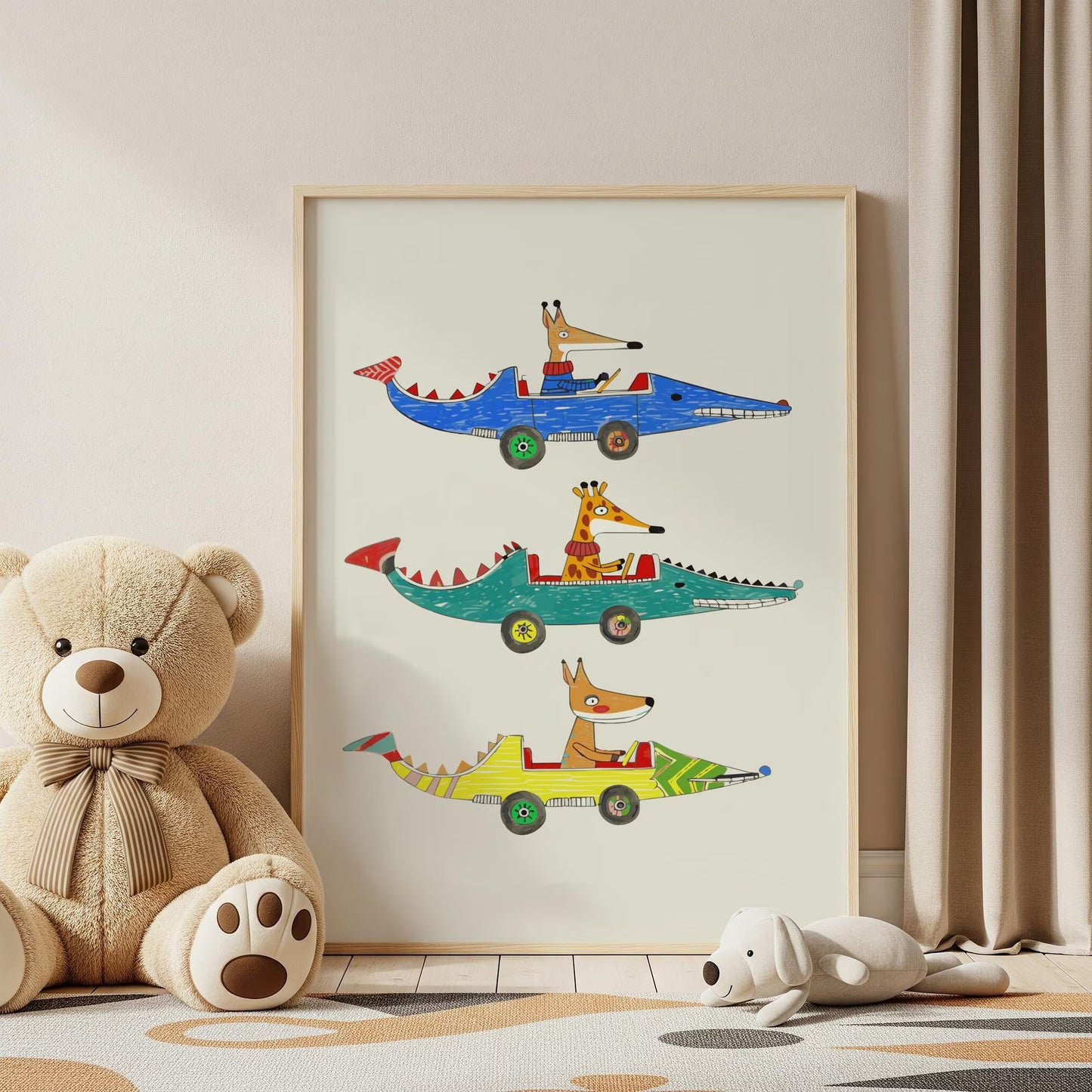 Animals in Crocodile Cars Wall Art, Cute Nursery Canvas Print