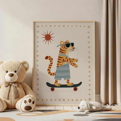 Skater Tiger Wall Art with Sunglasses, Funny Jungle Canvas Print